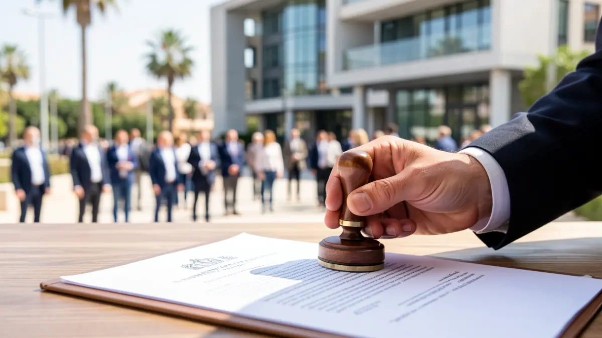 Hand of a notary stamping an official document in an urban planning office in Andalucía.