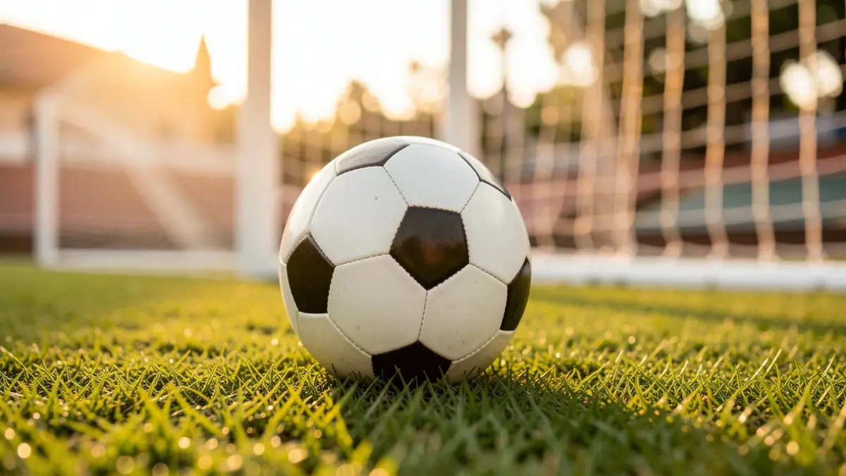 Generic image of a soccer ball on a stadium field at sunset.