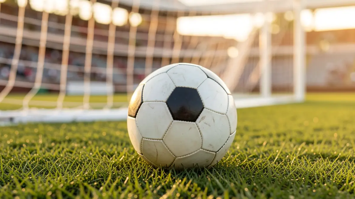 Imagen genérica de un balón de fútbol sobre césped con la portería desenfocada.