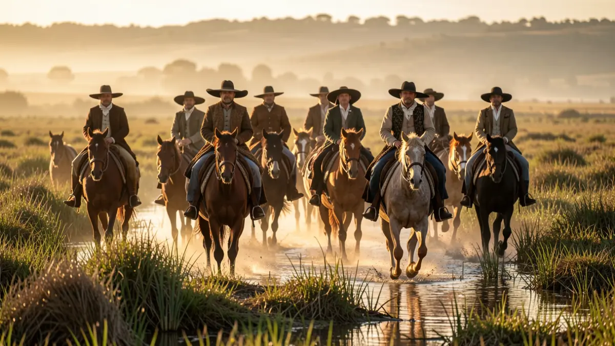 Image of marsh horses and riders during the Saca de las Yeguas in Almonte.