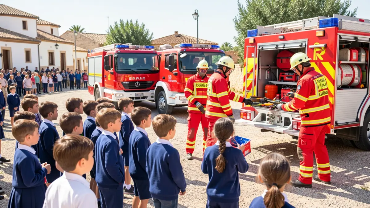 Imagen de escolares observando demostraciones de servicios de emergencia en Alhendín.