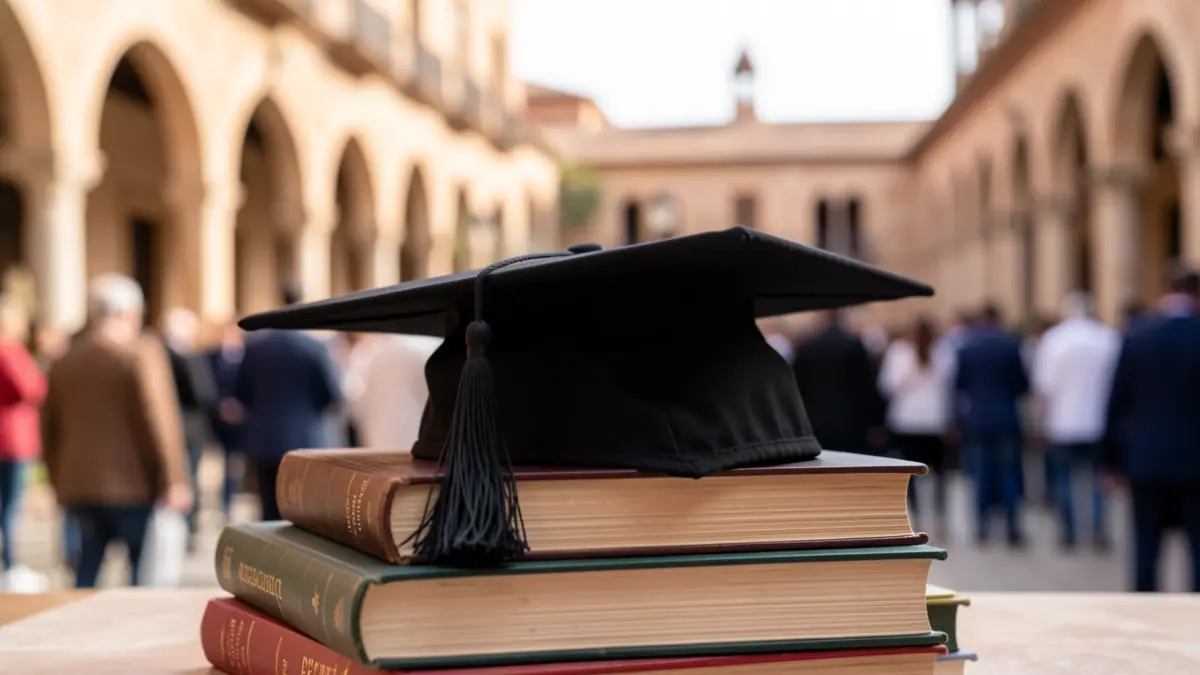 Imagen genérica de un birrete de graduación sobre libros académicos.