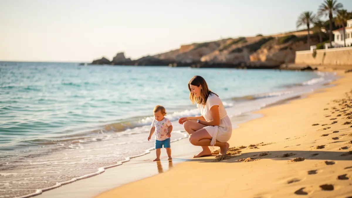 Image of a mother playing with her daughter on a beach in Canarias.
