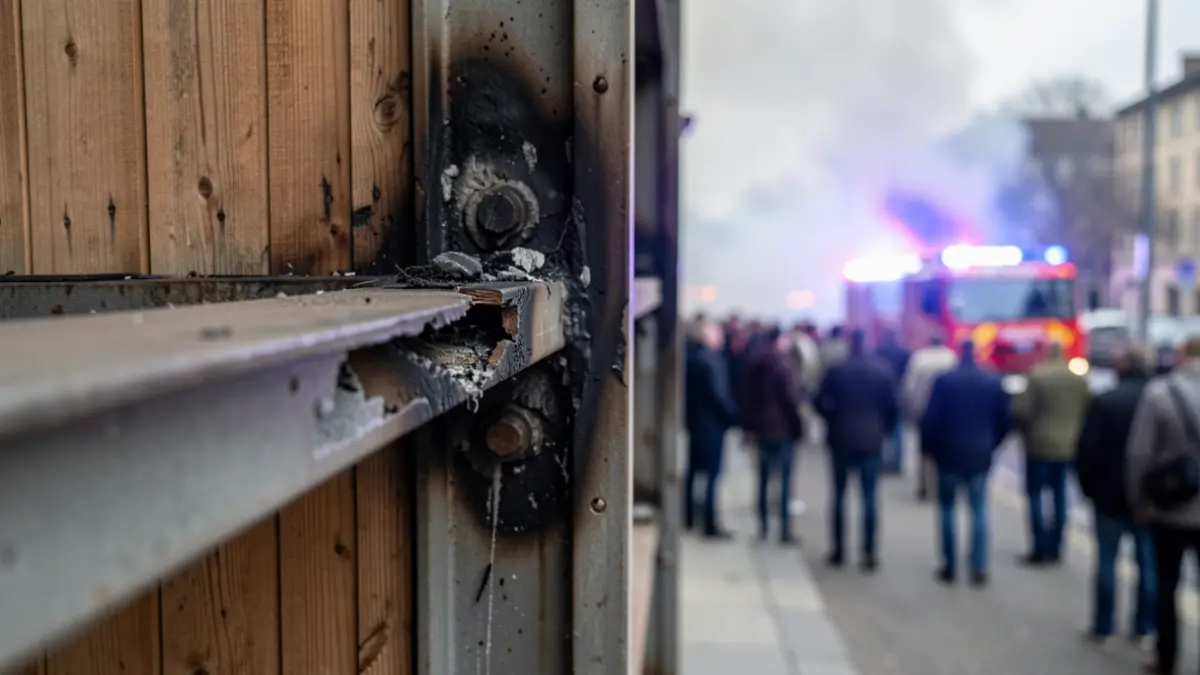 Primer plano de una viga de acero dañada y un panel de madera de la estructura de un edificio, con signos de incendio y calor.