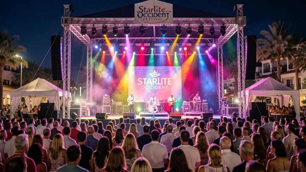Escenario del festival Starlite Occident en Marbella con luces y público.