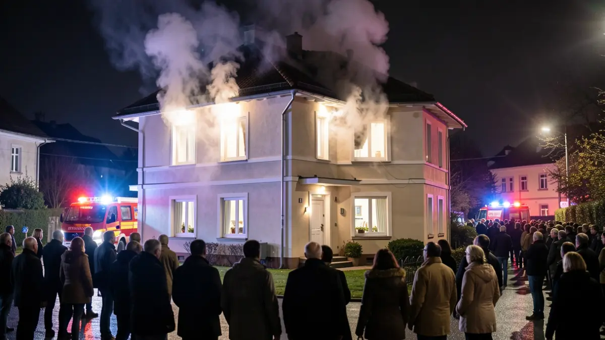 Image of a two-storey house with smoke billowing from the windows at night, with emergency lights flashing in the background.