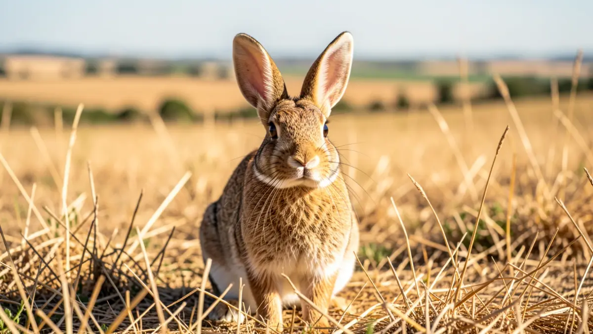 Primer plano de un conejo silvestre en un campo de hierba seca, con campos agrícolas desenfocados al fondo bajo un sol andaluz brillante.