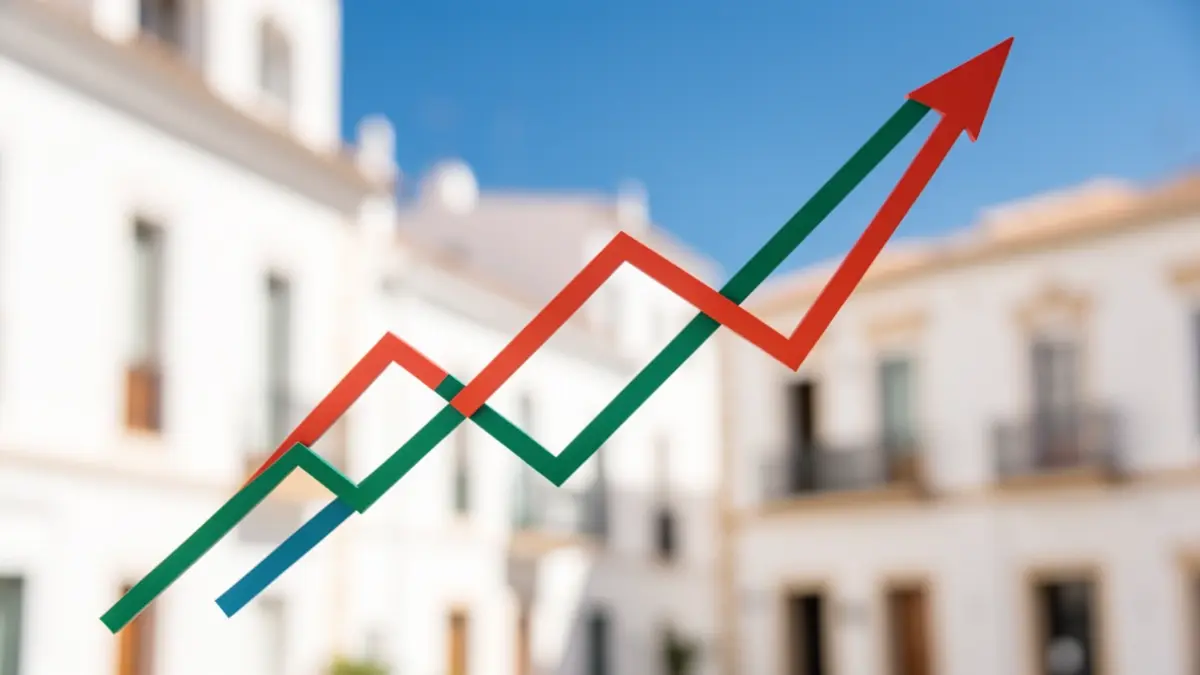 Imagen genérica de gráficos económicos ascendentes sobre un fondo de edificios blancos y cielo azul.