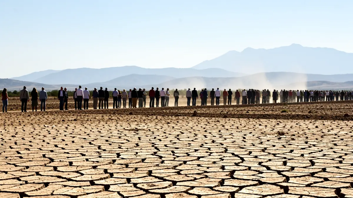 Generic image of a dry, cracked Andalusian landscape under intense sun, with hazy mountains in the background.