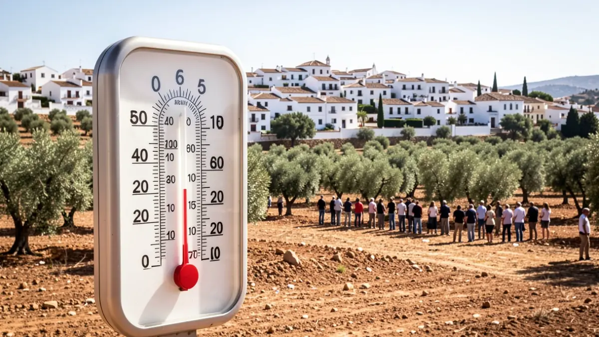 Generic image of a thermometer showing high temperature in an Andalusian landscape.