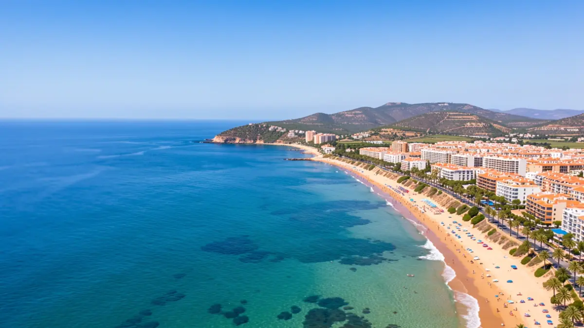 Vista aérea de la costa andaluza con playas y hoteles bajo el sol.