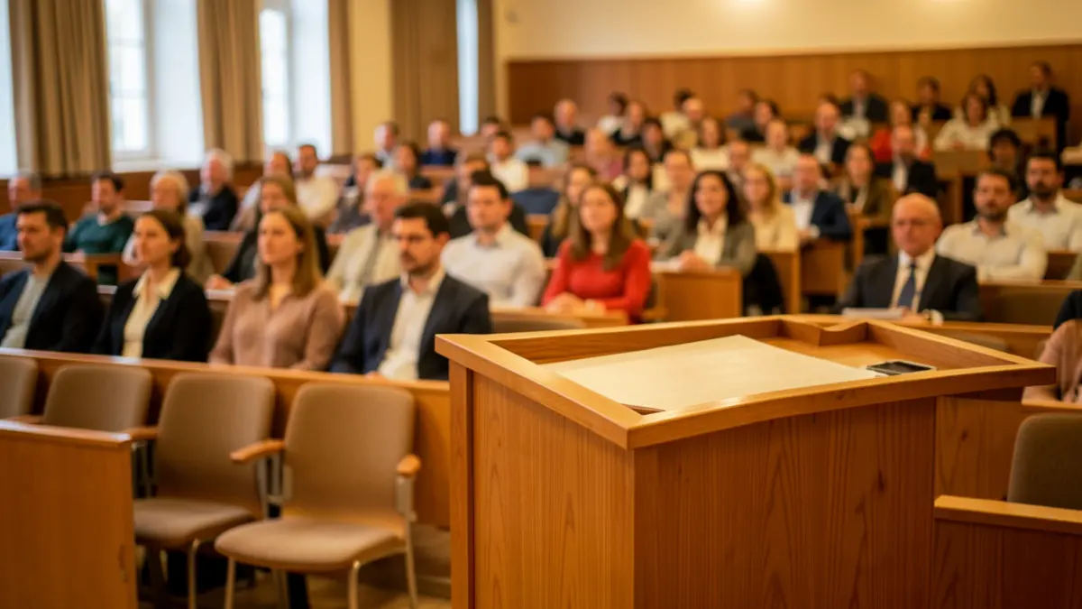 Imagen genérica de un aula universitaria vacía con un atril.
