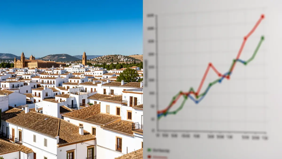 Split image: one side shows a sunny Andalusian urban landscape with white buildings, the other a demographic graph.