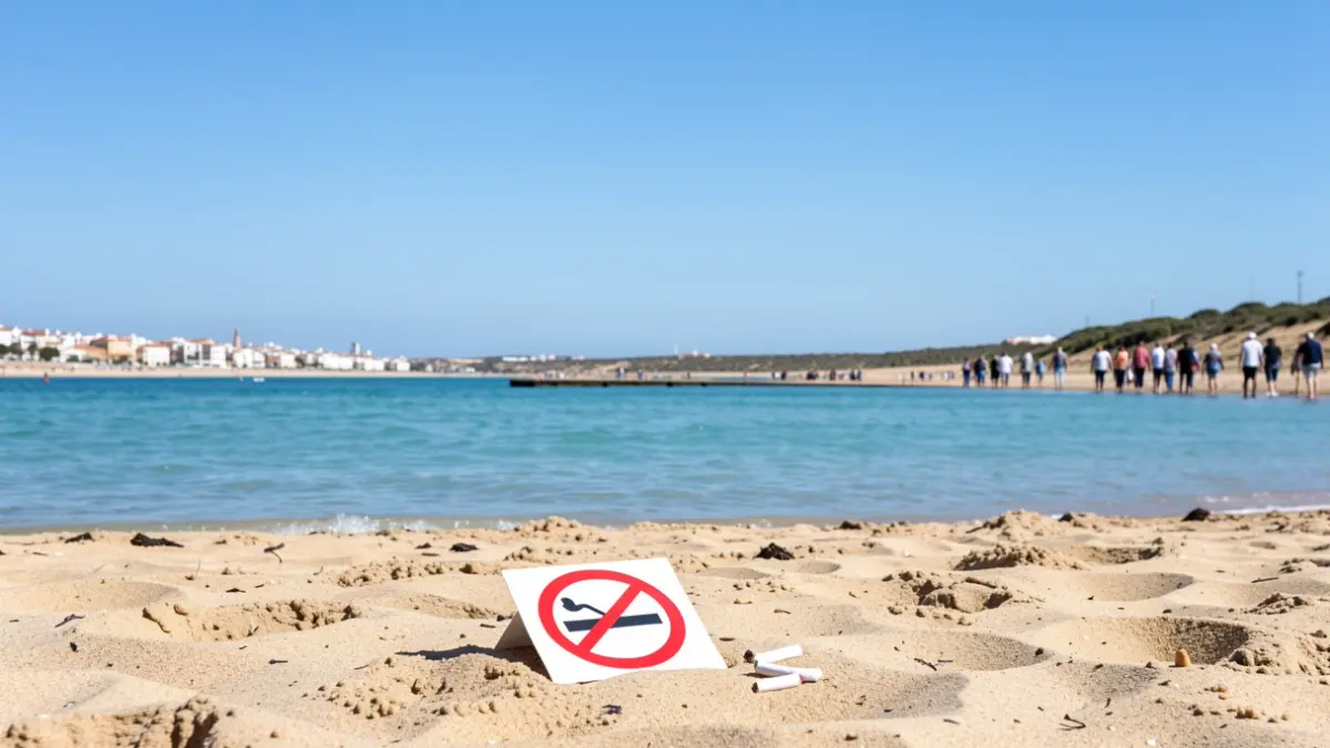 Imagen de una playa andaluza con una señal de prohibido fumar y colillas como símbolo del impacto ambiental.