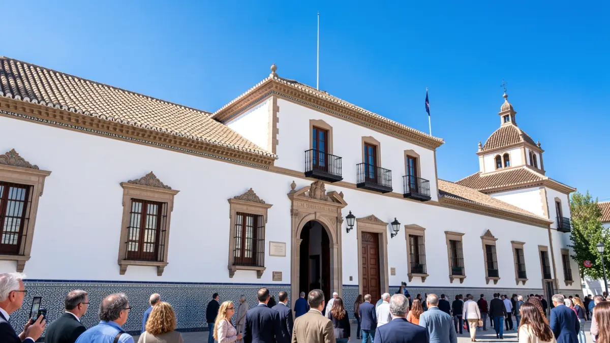 Facade of an Andalusian institutional building with traditional tiles and bright blue sky.