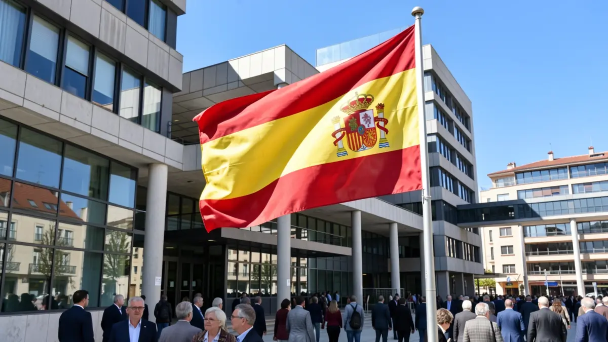 Flag of Andalusia waving in front of a modern government building under a blue sky.