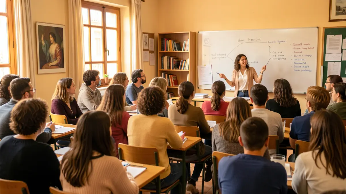 Image of students and a teacher in an Andalusian classroom.