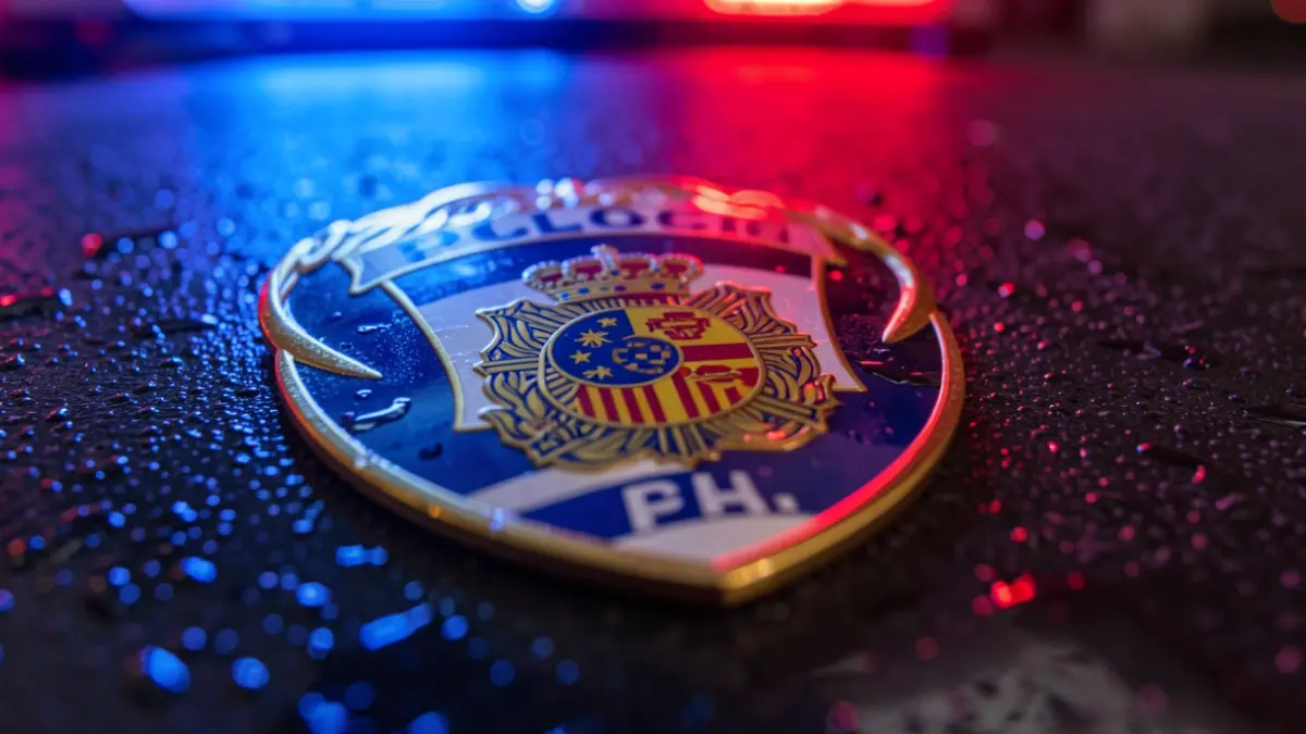 Placa de la Policía Nacional con luces de emergencia reflejadas.