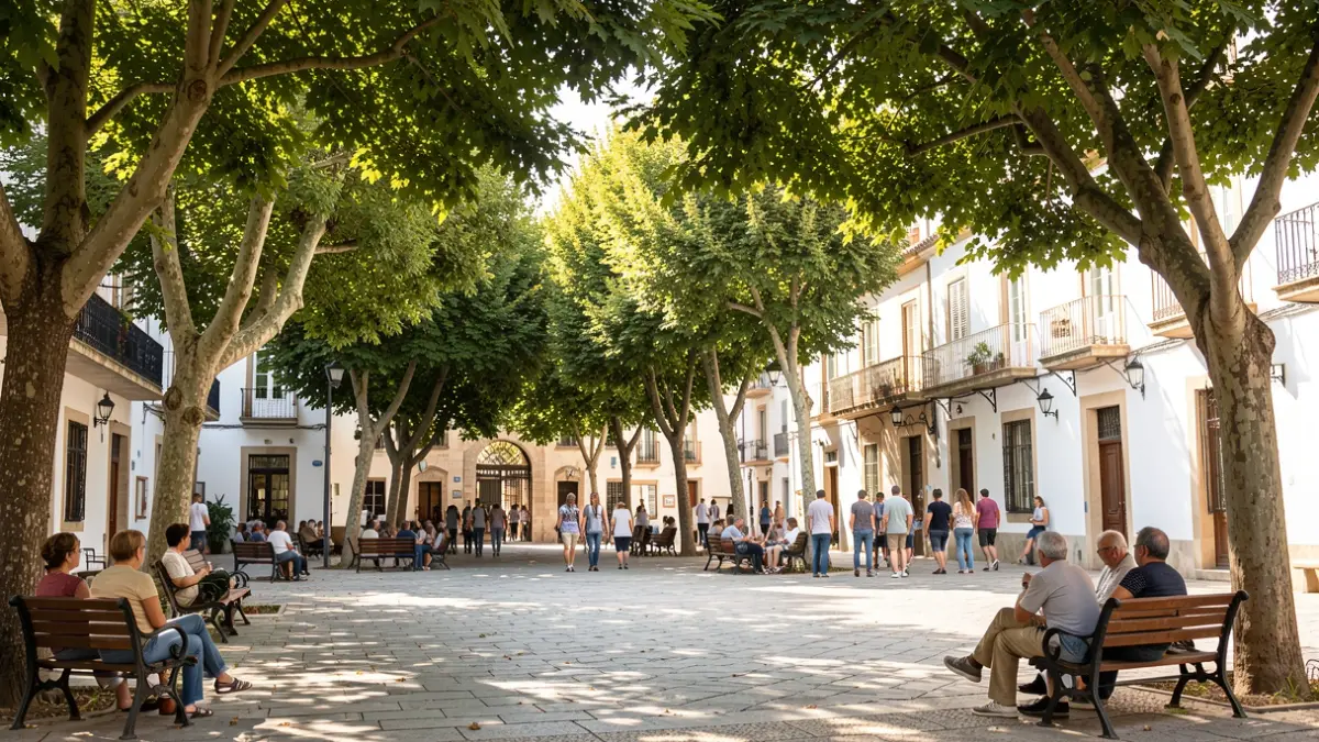 Imagen genérica de una plaza pública andaluza con sombra y bancos.