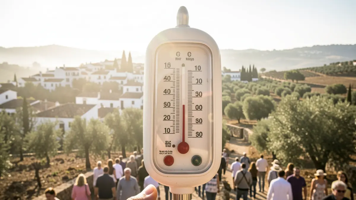 Thermometer showing high temperature over a sunny Andalusian landscape with white villages and olive trees.