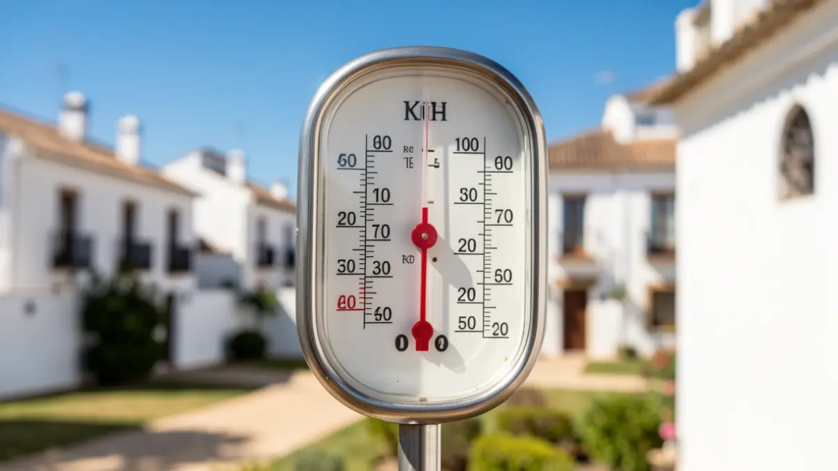 Thermometer showing high temperature against a sunny Andalusian landscape background.