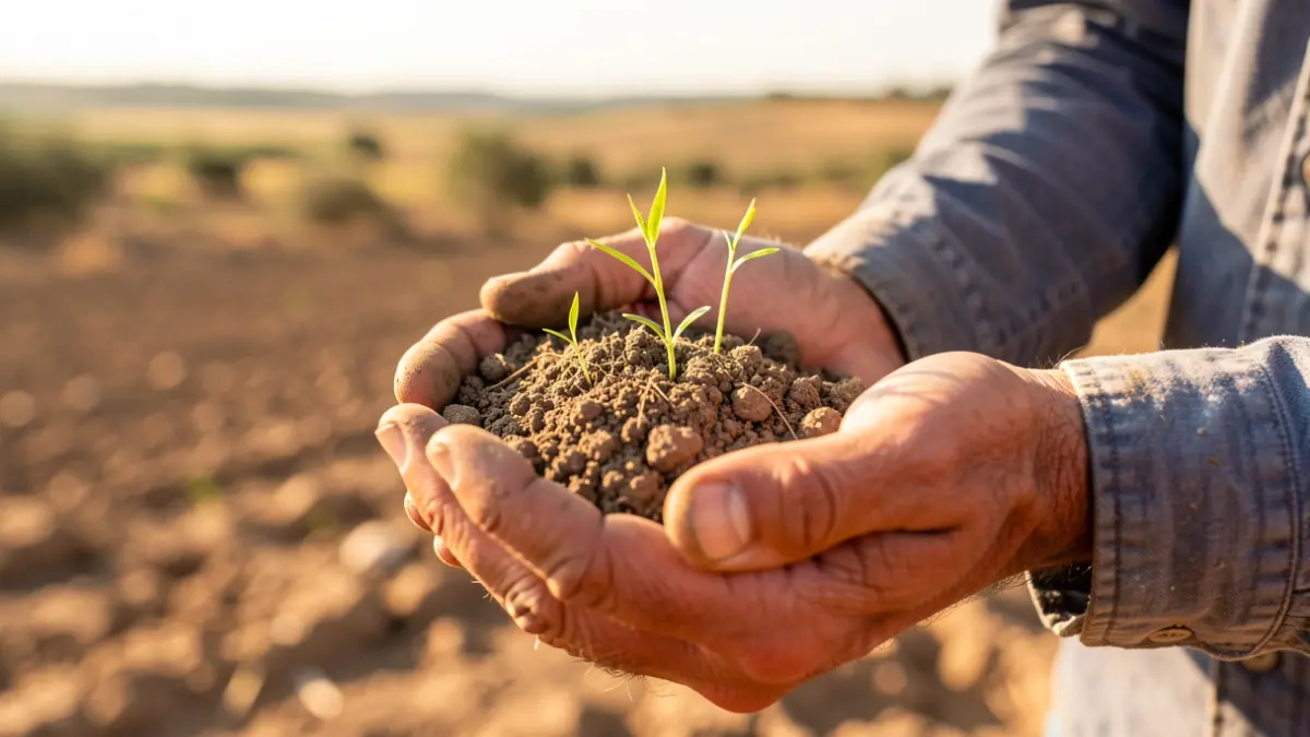 Farmer's hands holding dry soil with green sprouts, symbolizing hope for dryland agriculture in Andalusia.