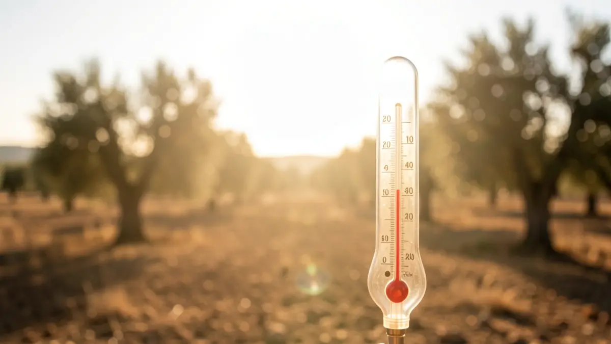 Termómetro mostrando alta temperatura en un paisaje seco andaluz bajo un sol abrasador.
