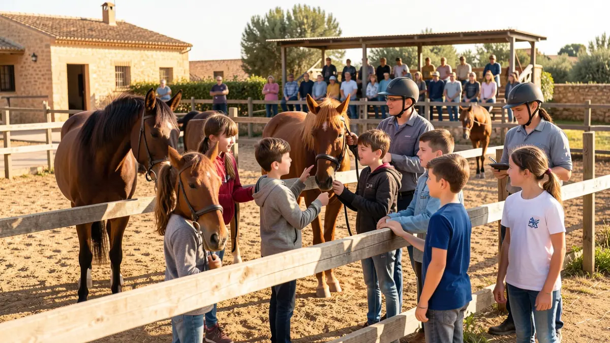 Children interacting with horses at an equestrian summer school in Andalusia.
