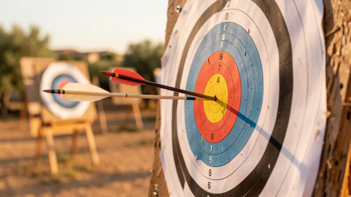 Close-up of an archery target with an arrow in the center, at an outdoor archery range in Andalusia.