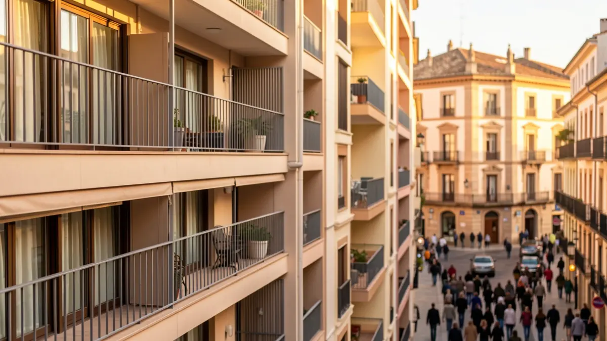 Fachada de un edificio de apartamentos turísticos en Córdoba con balcones, bajo el sol andaluz.
