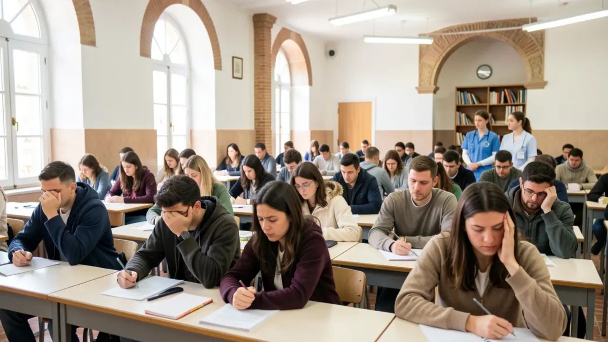 Image of students receiving emotional and health support during university entrance exams in Linares.