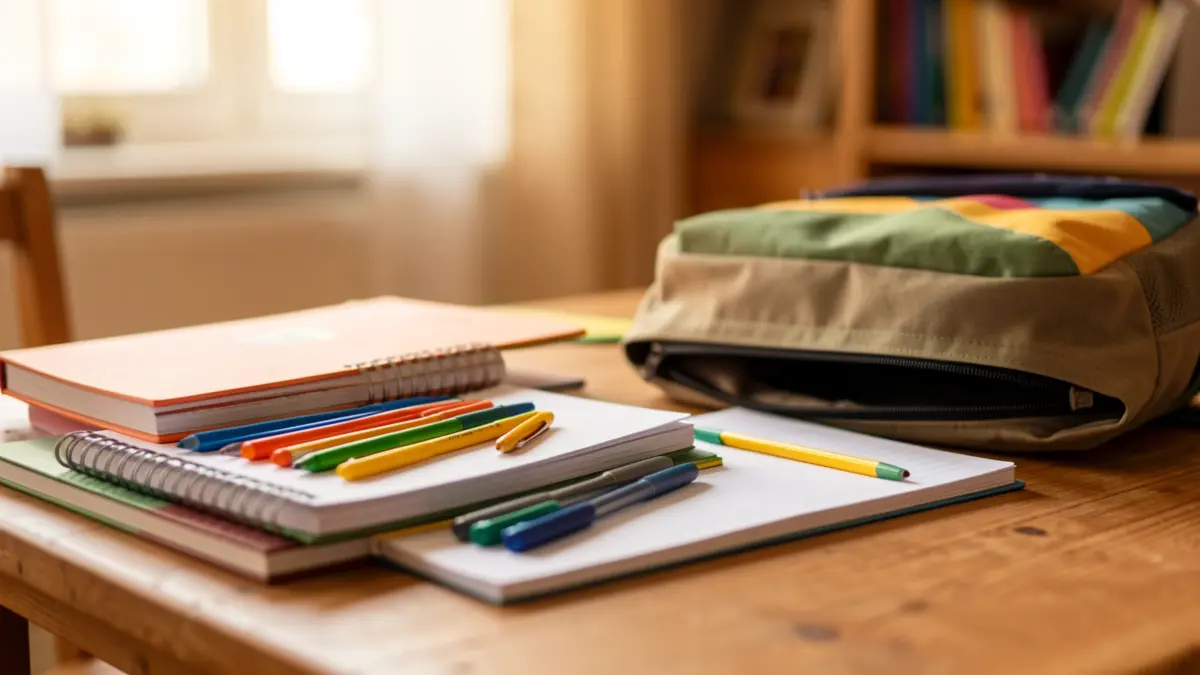 Generic image of school supplies on a wooden table.