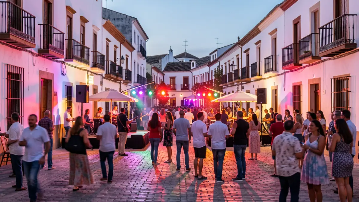 Generic image of a popular festival in a historic Andalusian town center with stages and crowds.