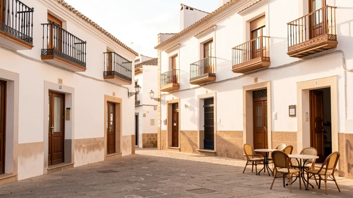Andalusian town square with white buildings and ornate balconies in the afternoon sun.