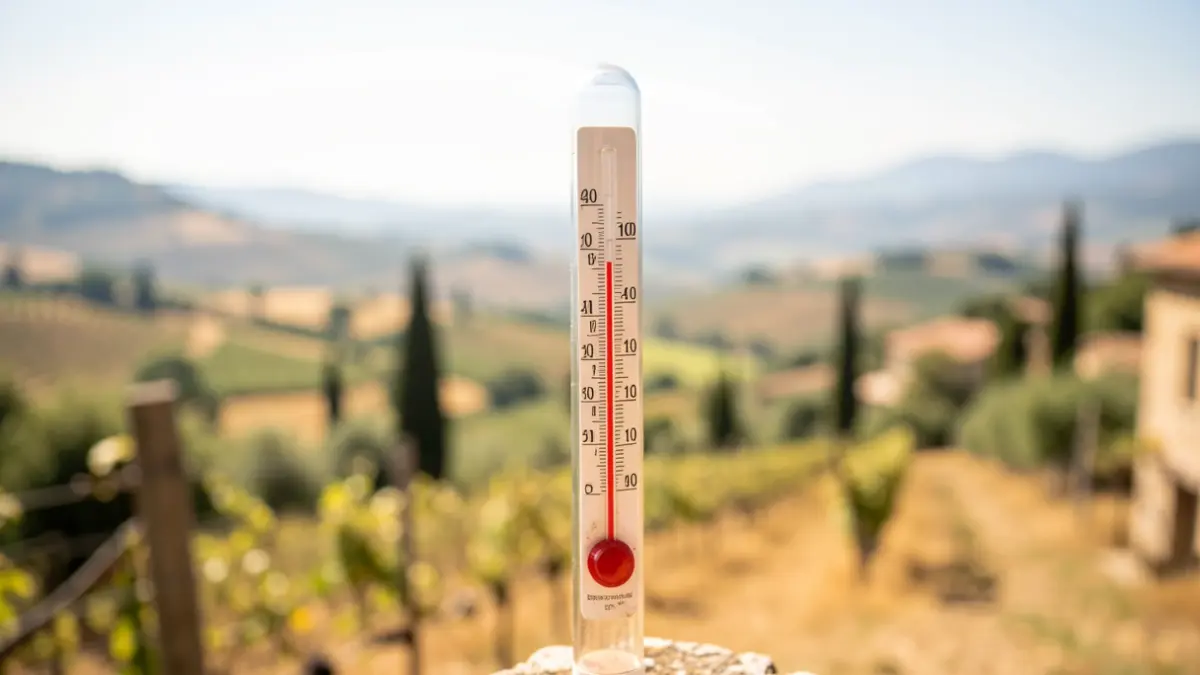 Thermometer showing an extremely high temperature under a bright sun, with a blurred Mediterranean landscape in the background.