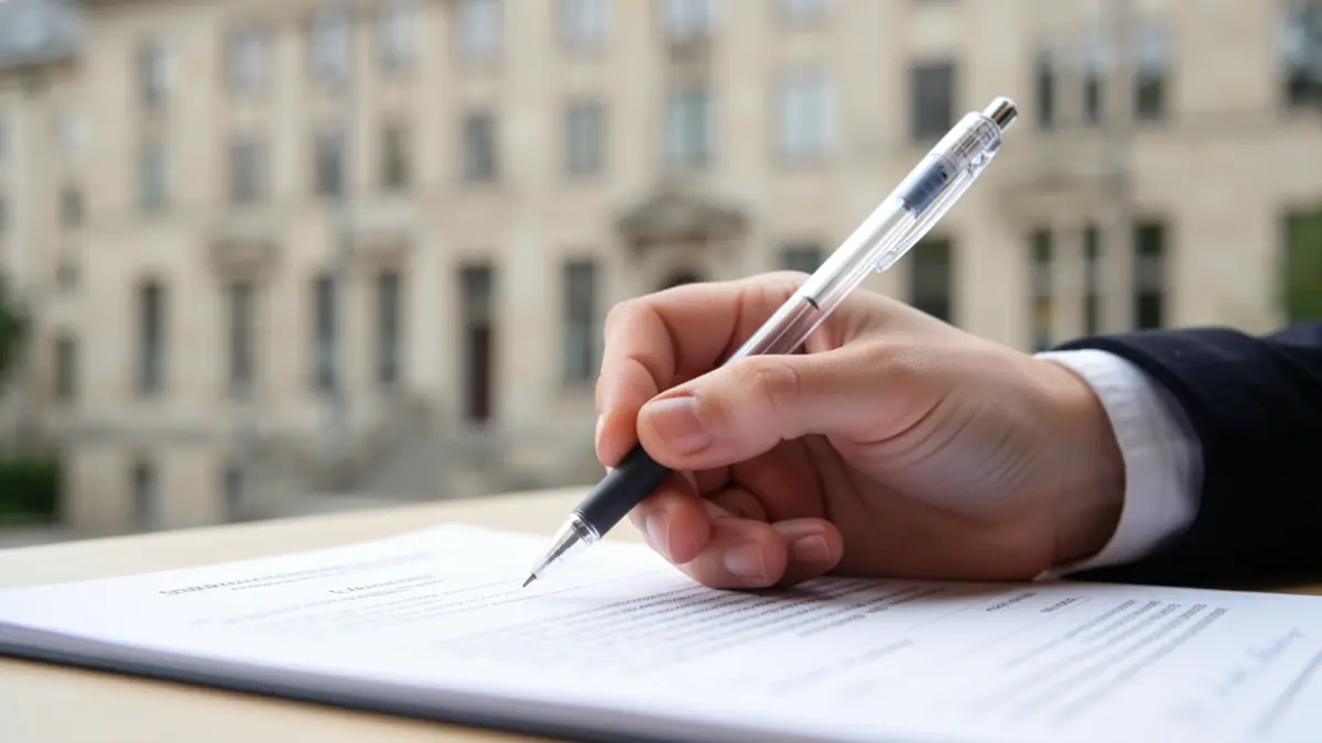 Primer plano de la mano de un estudiante universitario con un bolígrafo transparente sobre un examen.