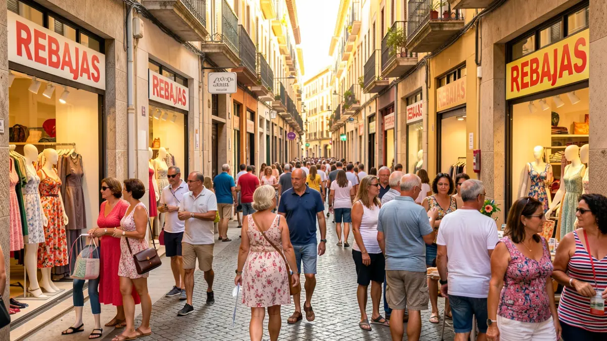 Generic image of a summer sales day in an Andalusian city with shops and people shopping.