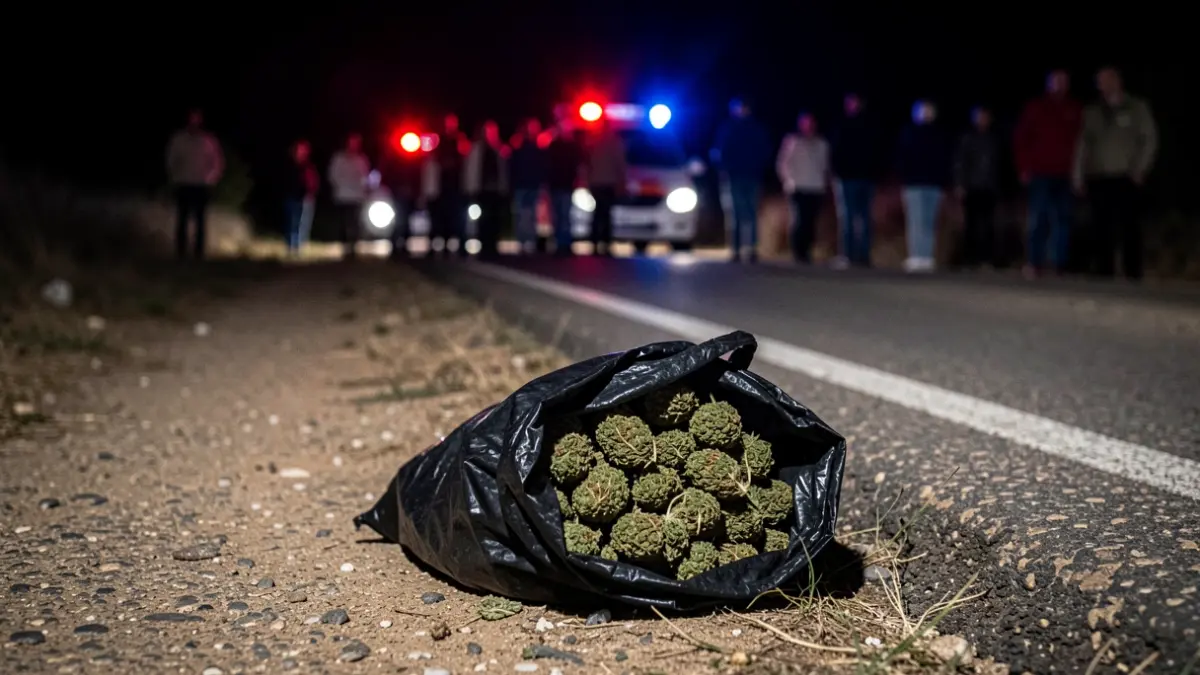 Bag of marijuana abandoned on a dark road in Granada with emergency lights.