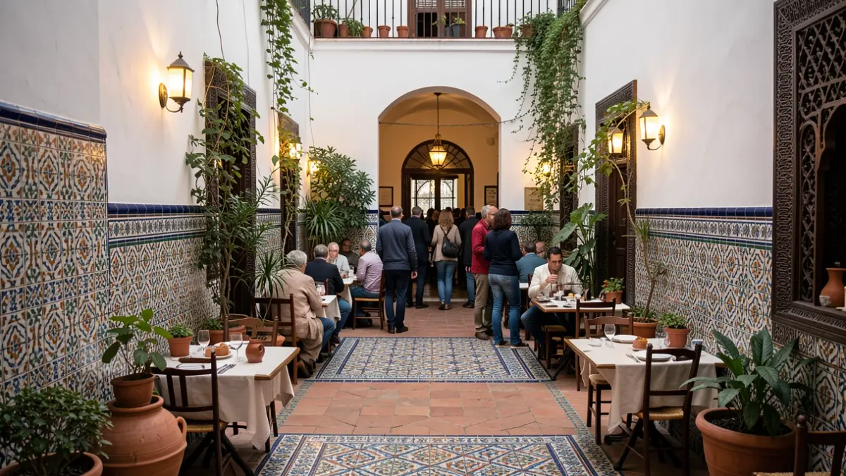 Imagen genérica de un patio interior de restaurante andaluz con decoración tradicional.