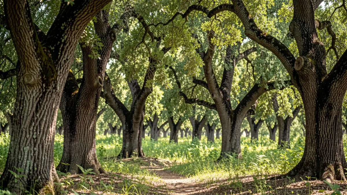 Imagen de un bosque andaluz con alcornoques y vegetación recuperándose.