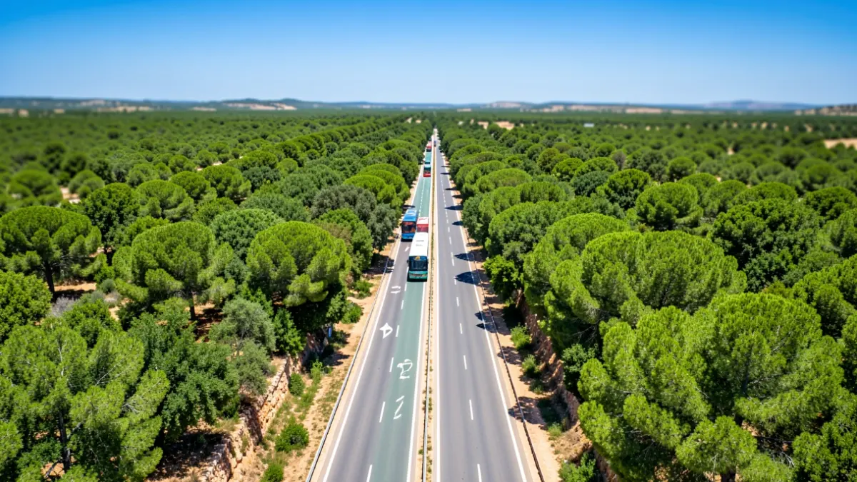 Aerial view of a green corridor with a two-lane road and bus lanes in Andalusia.