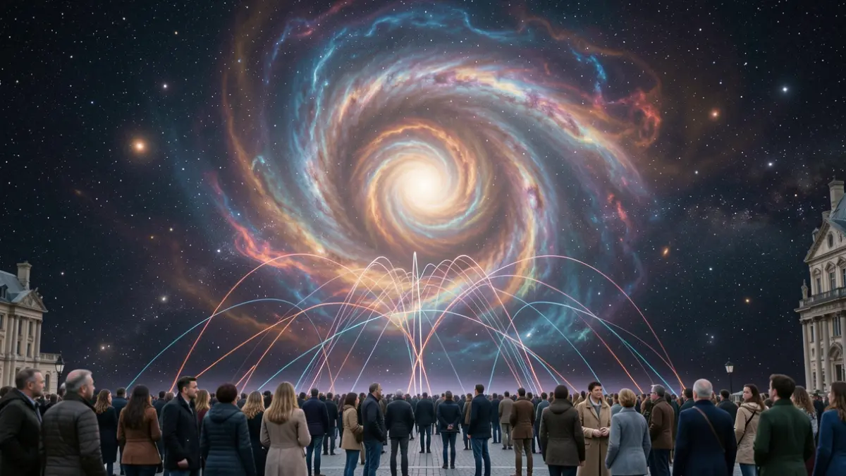 Imagen genérica de una nebulosa cósmica con representaciones abstractas de campos magnéticos.