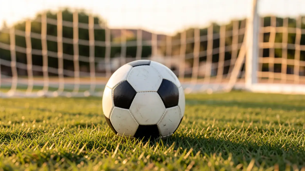 Imagen genérica de un balón de fútbol sobre césped con la portería desenfocada.