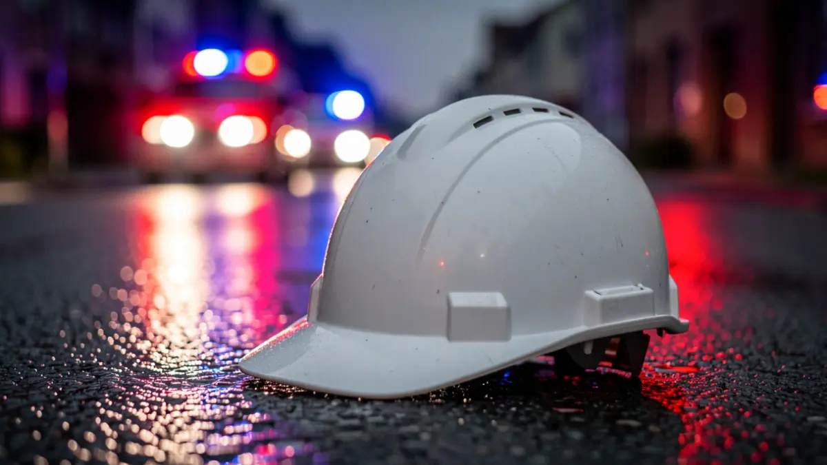 Construction helmet on wet asphalt with blurred police emergency lights reflected.