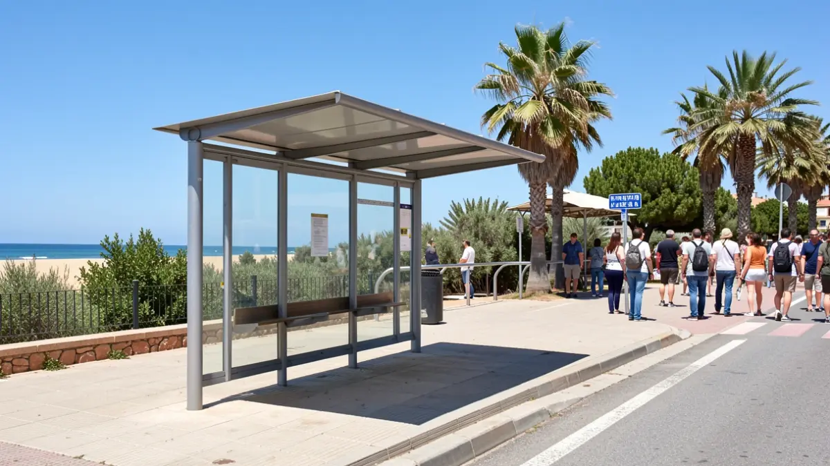 Generic image of an empty bus stop near the beach.