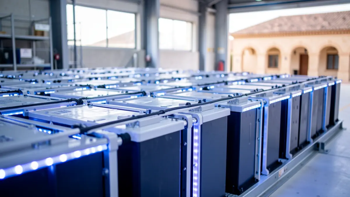 Imagen de un gran sistema de almacenamiento de baterías en una instalación industrial en Andalucía.