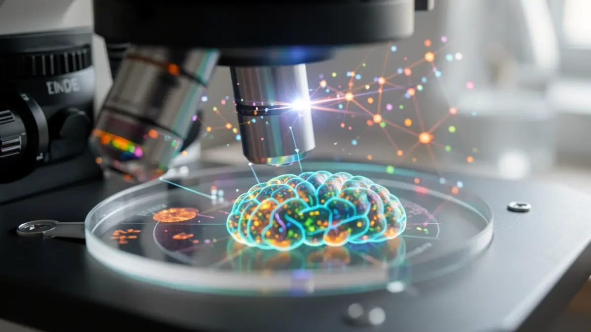Image of a glioblastoma cellular model under a microscope with representation of nanomaterials and synchrotron light.
