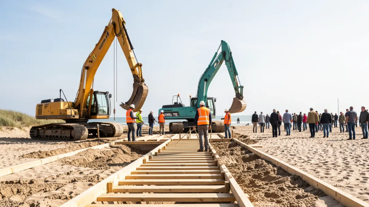 Trabajadores instalan nuevas pasarelas de madera en la playa de Camposoto.