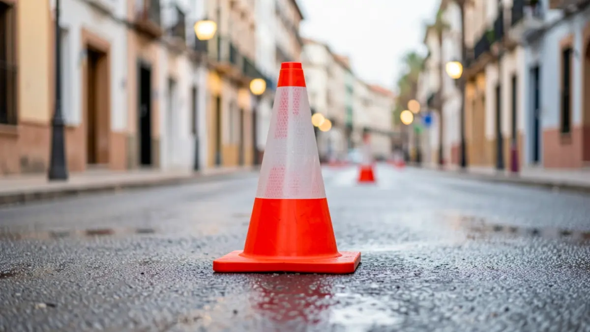 Generic image of roadworks on a street in Andalusia with traffic cones and wet asphalt.