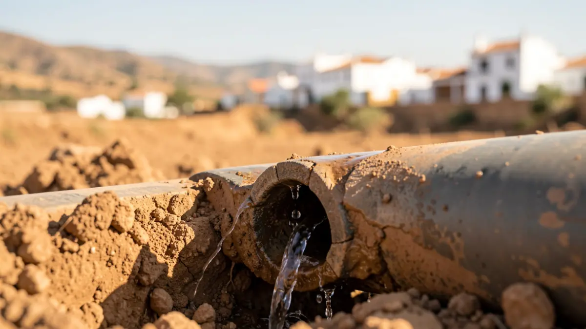 Image of a leaking water pipe, symbolizing scarcity and repairs in Alhaurín de la Torre.